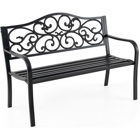 COSTWAY Panca da Giardino in Metallo Vintage, Panchina da Esterno con Schienale Decorato, Panchina da Giardino 2-3 Posti per Cortile e Terrazza, 128 x 62 x 89 cm, Nero (1/5)
