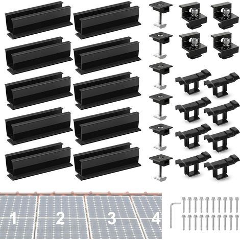 Kit de montage pour panneau solaire, rail noir de 12 cm, pince de drainage de 30 mm, pinces pour modules de 30 à 35 mm, 4 modules pour toit plat, tôle trapézoïdale (1/5)