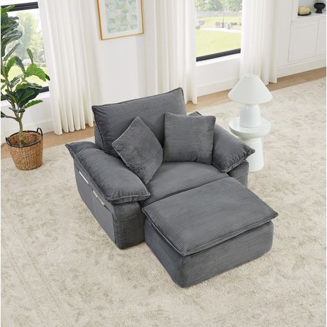 Canapé lit modulable 1 place avec repose-pieds, poches de rangement, tissu gris clair REDOM (1/5)