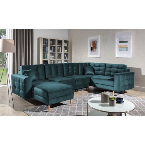 Canapé d'angle panoramique convertible U HASGARD 326 cm bleu canard velours avec coffre