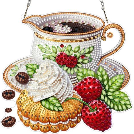 Diamond Painting Anhänger Kaffee & Kuchen Set mit Kette, Fensterbild Hängend