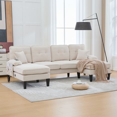 Canapé d'angle lin tissu beige en U pour 4 personnes - salon (1/5)