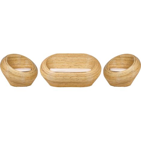 Conjunto de jardín sofá 2 plazas sillones de ratán natural para interior con cojín beige Maiori