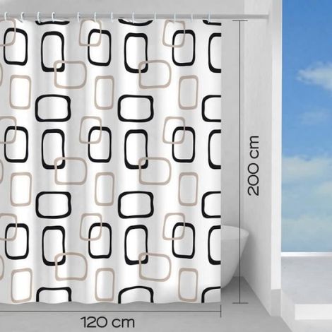 Rideau de douche imperméable 120 x 200 cm, en PES, finition beige et noir, rideau de douche avec 12 anneaux, (1/4)