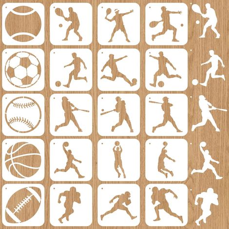 Lot de 20 pochoirs muraux réutilisables en forme de balle de sport - 15 x 15 cm - Pochoirs de peinture en PET pour football, baseball, tennis, football - Pochoirs pour mur, toile, meubles (1/5)