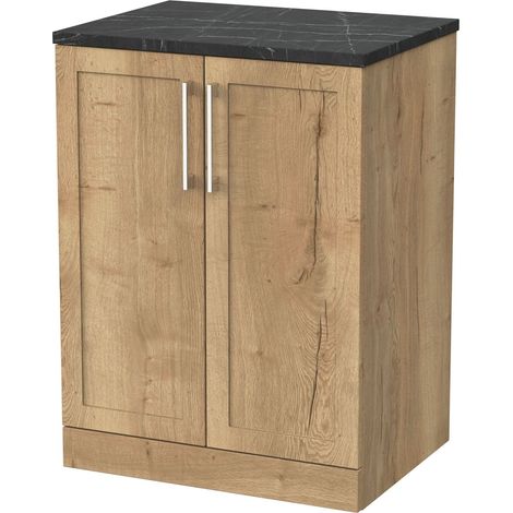 Stonnall Traditional Floor Standing 2 Door Vanity Unit with Black Pietra Marble Laminate Worktop, 600mm, Autumn Oak (1/4)