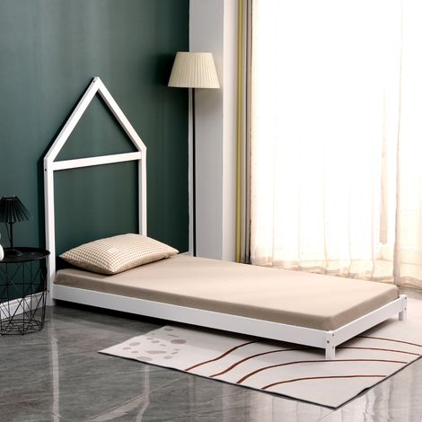 Cama de pino macizo blanca 90x190 cm con 10 lamas de contrachapado de álamo - Montaje rápido y fácil - Laetitia