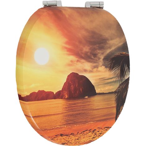 Abattant de toilette en MDF avec fermeture amortie, décor coucher de soleil sur la plage (1/5)