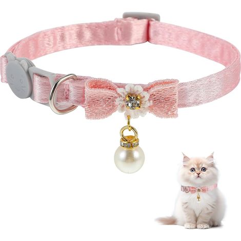 Collier pour chat amovible, avec pendentif en perle. Boucle de sécurité à ouverture rapide. Nœud rose ajustable. (1/4)