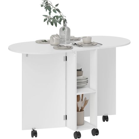 Tavolo da pranzo pieghevole su ruote, tavolo da cucina per 4 persone, 2 prolunghe a ribalta e 2 ripiani, 120x60x77 cm, bianco