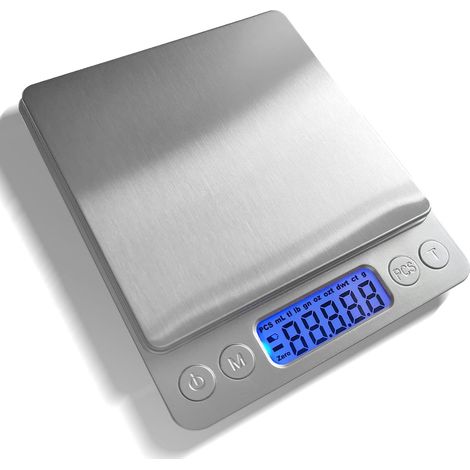 Elektronische Küchenwaage (3000 g/0,1 g) mit Digitalanzeige, Tara-Funktion, 9 Einheiten, automatischer Abschaltung, inklusive Batterie – Edelstahl
