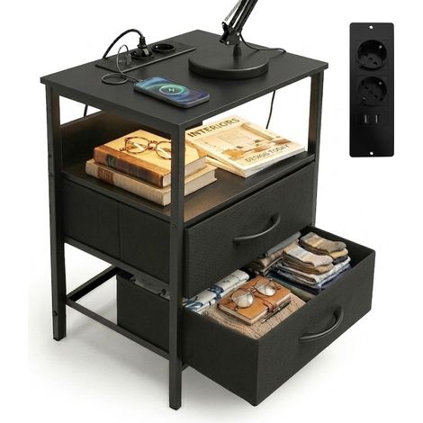 Table d'appoint avec LED, Prises et USB, 2 tiroirs, H x l x P : 60 x 40 x 30 cm, Chevet, Noir (1/5)