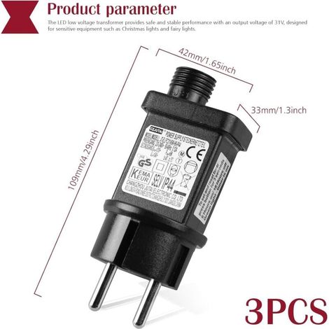 31V 6W LED-Transformator: 3-teiliger Blinkstecker mit Timerfunktion, IP44 wasserdicht, Speicherfunktion, 8 Modi, für Weihnachtsbeleuchtung und Lichterketten (1/3)