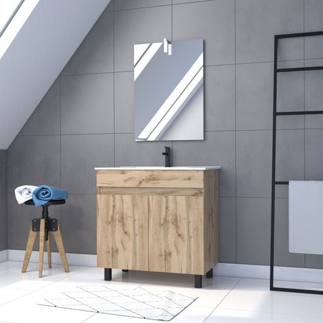 Mobile da bagno 80cm da Appoggiare 2 Ante Rovere Lavabo + Specchio Led - TIMBER 80- Pack27