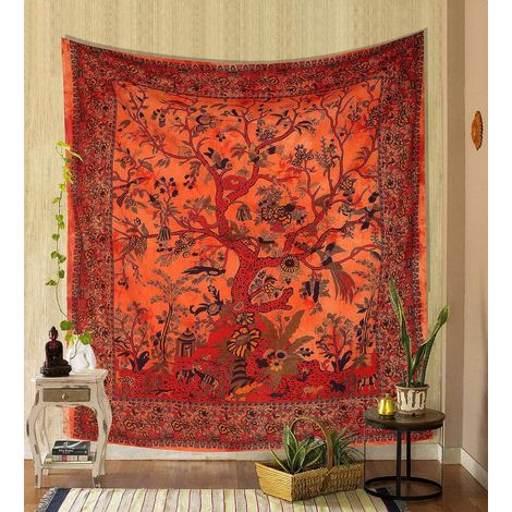 Tapis mural orange Arbre de Vie psychédélique 78,7x59 pouces, couvre-lit double en coton indien, décoration murale et plafond, nappe de pique-nique (1/5)