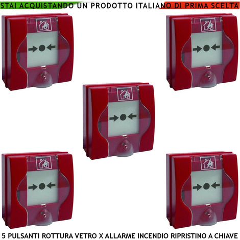 PULSANTI ROTTURA VETRO ROSSI 5 PEZZI PER ALLARME INCENDIO CON RIPRISTINO A CHIAVE SBLOCCA PORTE REI EN 54-11 CPD (1/4)