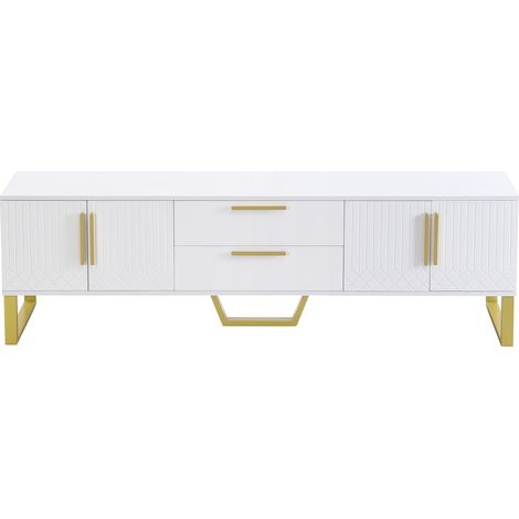 ELVMI Mobile TV con 4 Ante, 2 Cassetti e Foro Passacavi, Finitura Lucida, per Soggiorno, in MDF, 170×40×53.5 cm, Bianco (1/5)