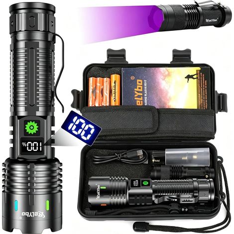 Lampe Torche LED Ultra Puissante 1,000,000 Lumen Avec Mini UV Torche Lampe Torches Rechargeable USB C, 5 Modes XHM88 Chip IPX5 Étanche Flashlight Avec Clip/Housse pour Camping Randonnée Urgence (1/5)