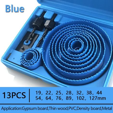13PCS 19-127m ensemble de scie cloche scie tasse bois couronne foret pour panneau de gypse bois PVC plastique densité panneau métal outils de travail du bois - Bleu (1/5)