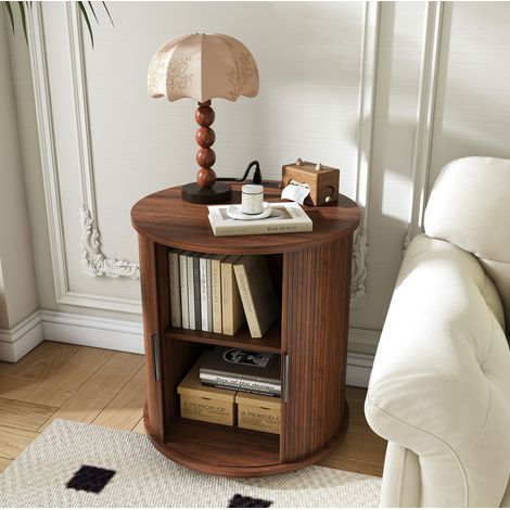 Mesita de noche redonda con toma de corriente y 2 puertos USB, puerta corredera, espacio de almacenamiento, MDF efecto nogal (1/5)