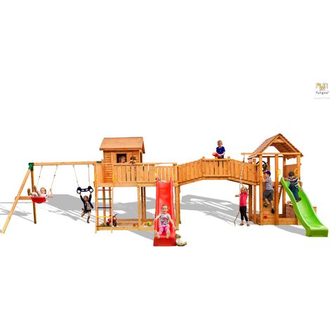 Fungoo Spielturm "Maxi Set Smile Farm My Space XL Fortress Toybox Rainbow Move+", teak, mit 2x Rutschen, 2x Spieltürmen, Verbindungsbrücke, Leiter, Schaukel, Trapez, Kletterseil und Kletterwand