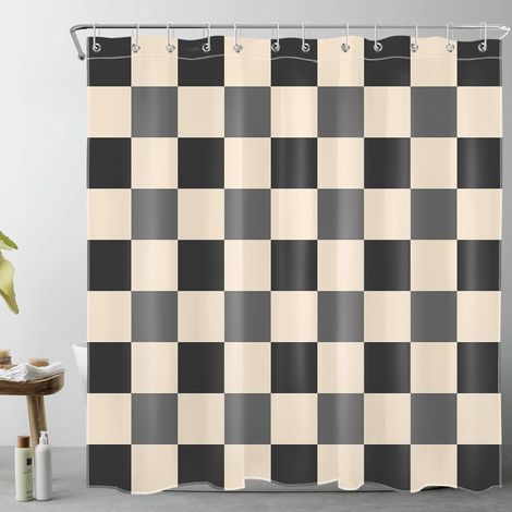 Gris et Noir à Carreaux Rideaux de Douche 180x180cm Beige Plaid Rideaux de Bain avec Crochets,Géométrique Abstrait Imperméable Polyester Anti Moule Salle de Bain Décor (1/5)