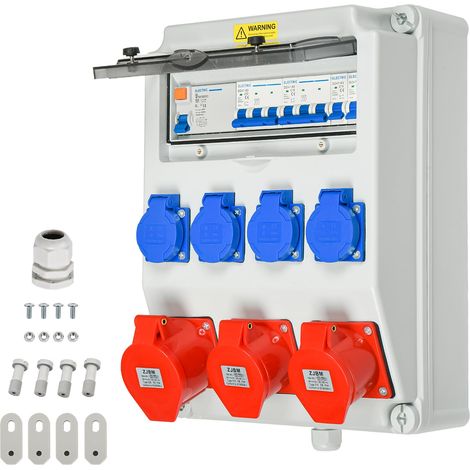 Répartiteur de courant de construction mural avec interrupteur LS et interrupteur FI, IP44 2 x CEE 16 A 5P + 1 x CEE 32A+ 4 x 230 V Schuko Distributeur de courant mural pour l'intérieur (1/5)