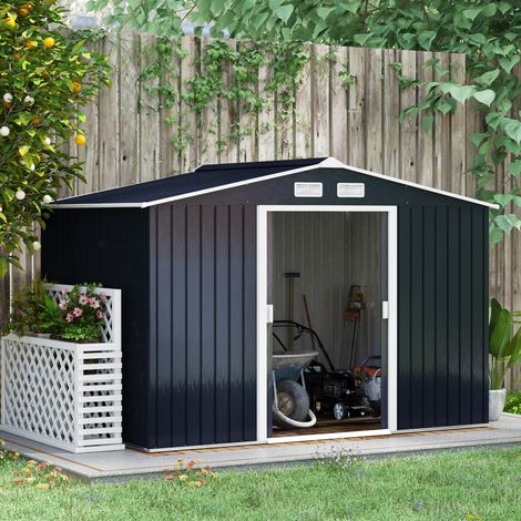 Abri de jardin en acier 277 x 195 x 192 cm,gris anthracite,portes coulissantes,ventilation intégrée,avec fenêtre,fondation incluse,espace de rangement pour mobilier et équipements extérieurs (1/5)