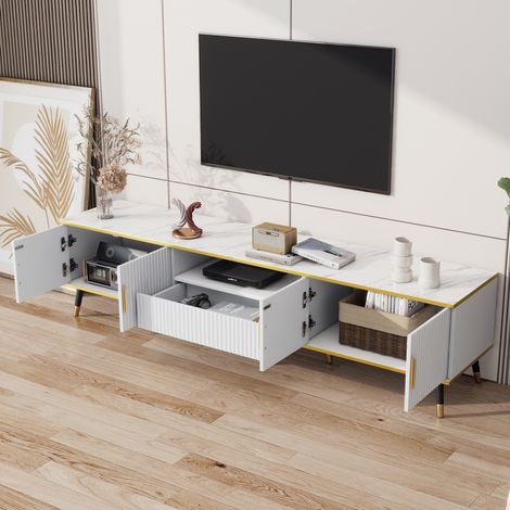 Mueble TV moderno 200 x 40 x 46 cm, blanco efecto mármol, para TV hasta 90 pulgadas DESVIAE (1/5)