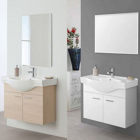 Bagno Italia Mobile arredo bagno 81 cm bianco laccato sospeso lavandino e specchiera (1/5)