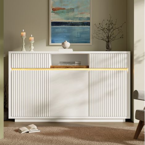 Aparador blanco con LED, 140 x 40 x 85 cm, 2 cajones, 3 puertas HAVRYA (1/5)