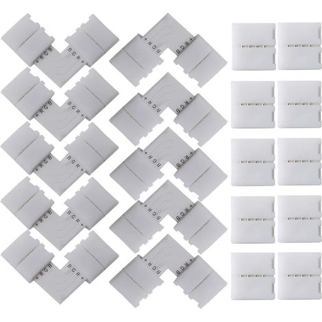 20Pcs 4 Pin LED Bande Lumière Connecteurs Kit: 10Pcs L-Forme Connecteurs, 10Pcs Gapless Connecteurs. 10mm Non-Étanche Snap Down Bande Connecteur –– Blanc (1/5)