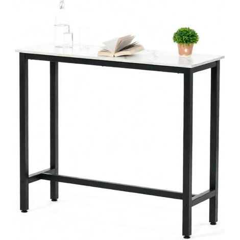 Tavolo bar moderno 120x40x100 cm con piano effetto marmo bianco e struttura in acciaio nero MODENUIT (1/5)