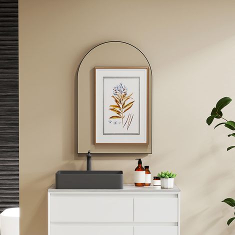Gebogener Wandspiegel, Badezimmerspiegel mit Rahmen aus Aluminiumlegierung für Schlafzimmer, Wohnzimmer, Eingangsbereich, 60 x 90 cm, schwarz