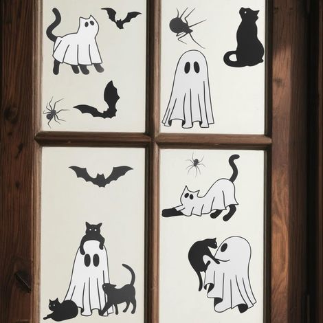 6pcs Fhalloween Fenêtre Autocollant, 30x20cm Stickers Fenêtre avec Motif Fantôme Chat Noir et Chauve-Souris pour Décoration Intérieure et Extérieure de Fête d'Halloween (1/5)