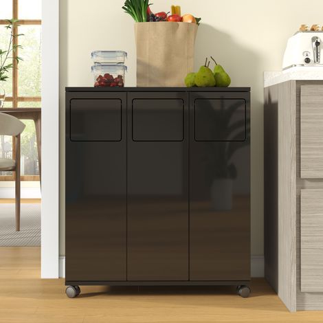 Meuble poubelle 3 compartiments, chariot cuisine noir brillant, 3 portes, 69,3x35x80,3cm (1/5)
