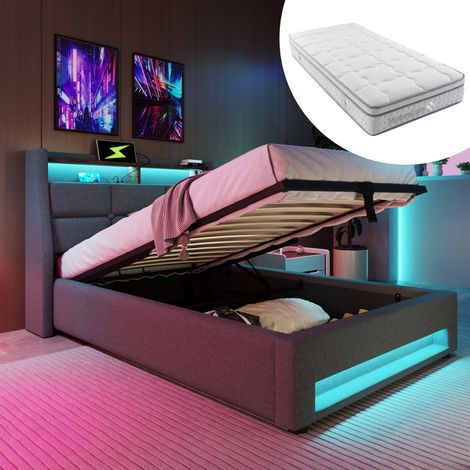 Lit simple rembourré lin 90x200 cm LED port USB, sommier lattes métalliques, cadre confortable pour enfant fourni, gris (avec matelas) (1/5)