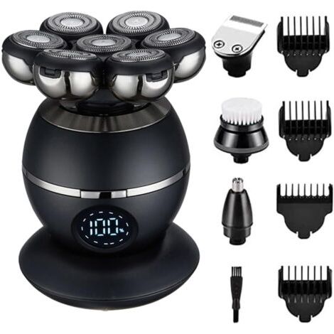Rasoir électrique 5 en 1 7 têtes pour hommes chauves, rasoir électrique multifonction pour hommes, kit de tondeuse à cheveux rechargeable sans fil pour voyage, noir