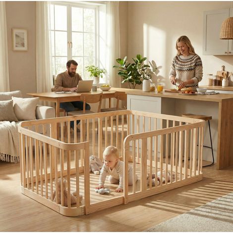Parc bébé modulaire 205x145x52 cm naturel, bords arrondis, structure en bois d’ingénierie MEUBLIV (1/5)