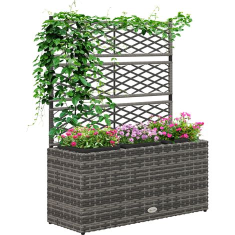 Fioriera con Grigliato per Rampicanti con 3 Vasi in Acciaio e Rattan PE, 84x30x107cm, Grigio
