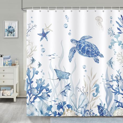 Cortina de ducha con diseño de tortuga marina azul del océano, tejido de poliéster, antimoho, impermeable, lavable, cortina de baño, 180 x 180 cm con 12 ganchos para bañera (1/4)