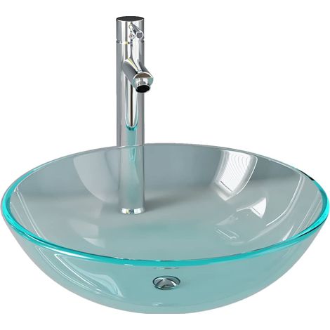 Lavabo vasque à poser Luxueux, Bac à laver, avec robinet et drain à poussoir Verre trempé OIB7191E (1/5)