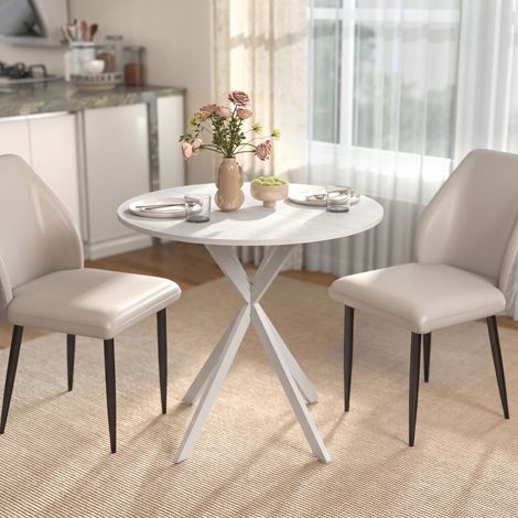 Table de cuisine ronde, 80 cm, plateau compact, panneaux de particules, métal, blanche (1/5)