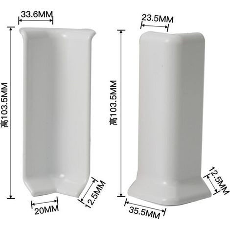Blocs d'angle pour plinthes, 10 cm de hauteur, auto-adhésifs, comprenant 3 équerres d'angle intérieures et 3 équerres d'angle extérieures, blancs.