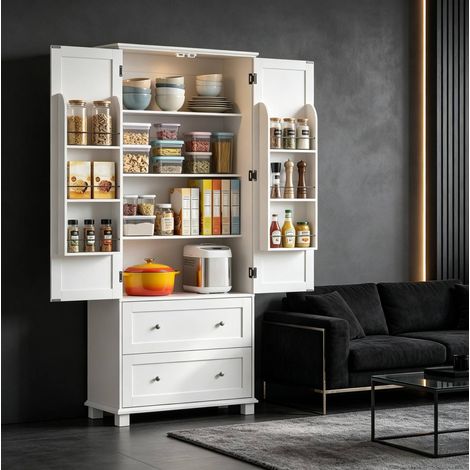 Mueble auxiliar de cocina blanco de MDF con 2 puertas, 2 cajones y estantes ajustables (1/5)