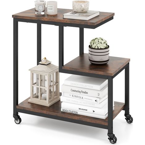 COSTWAY G-shaped Side Table 3-Tier Mobile End Table w/Open Shelves-Brown (1/5)