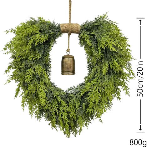 Couronne de Noël en cyprès artificiel en forme de cœur avec cloche, décoration de porte d'entrée 50cm (1/5)