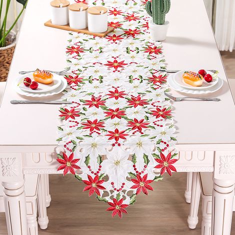 Chemin de table de Noël, blanc à fleurs rouges, 38 x 176 cm (1/5)