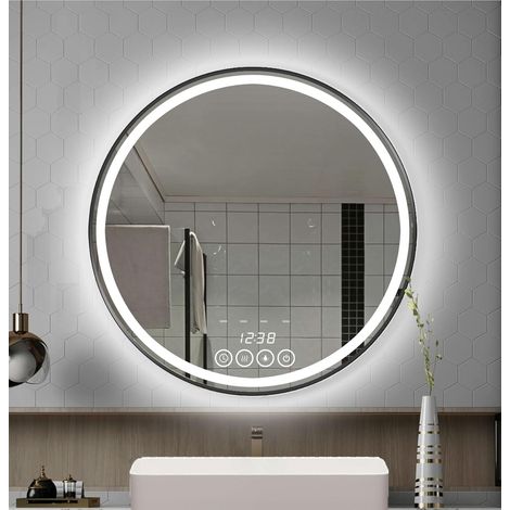 Miroir salle bain LED rond 61x61 cm, cadre noir, éclairage intégré
