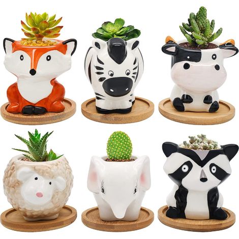 Lot de 6 Petits Pots de Fleurs en céramique en Forme Animal Moderne pour Plantes intérieur et extérieur avec Plateau en Bambou et Trou de Drainage, Parfaits pour Le Jardin ou comme Cadeau (1/5)